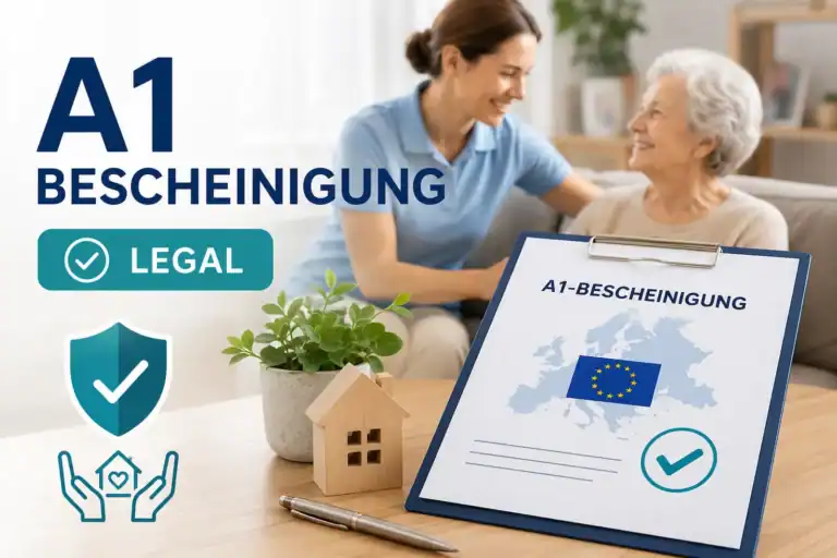 Pflegekraft betreut Seniorin zuhause mit A1-Bescheinigung und legaler 24-Stunden-Pflege