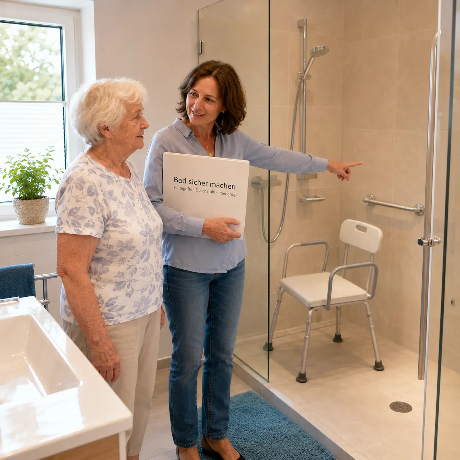Badezimmer sicher machen mit Haltegriffen und Duschstuhl