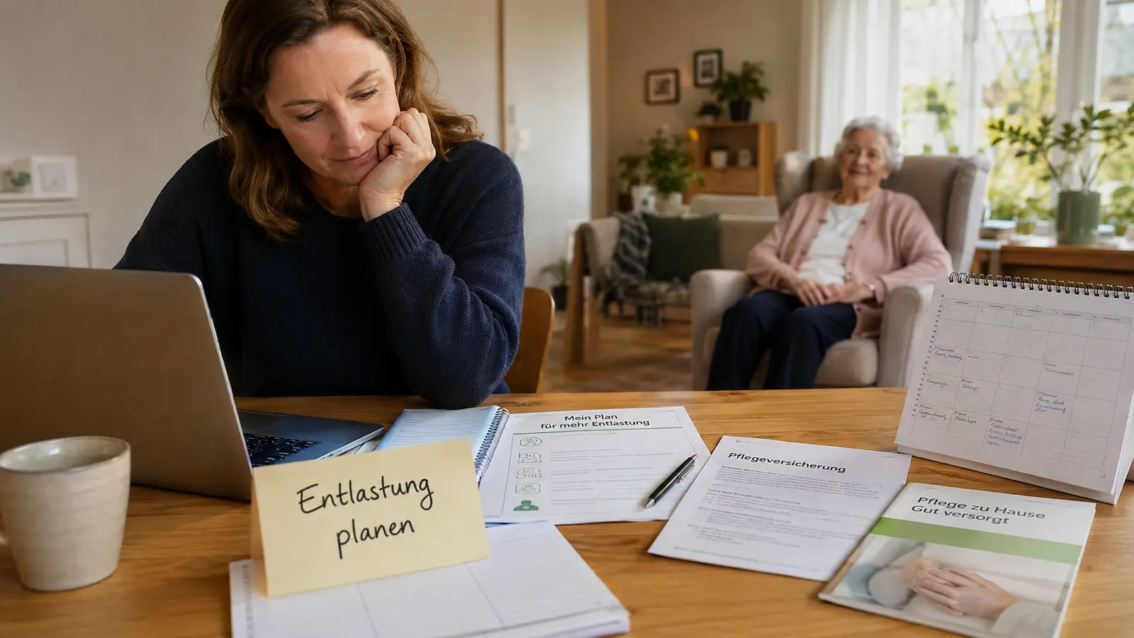 Angehörige plant Entlastung im Pflegealltag mit Pflegeunterlagen und Kalender