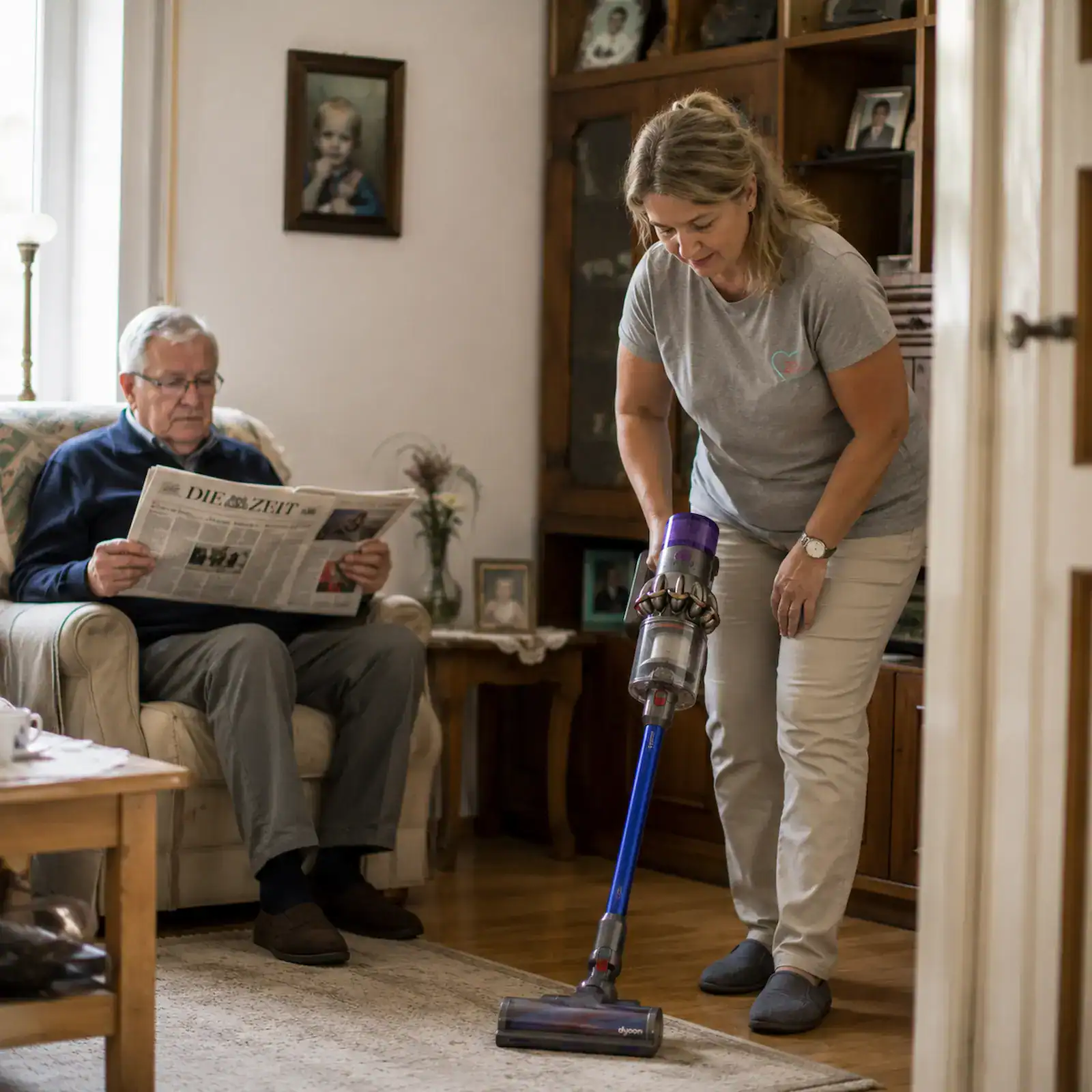 Betreuungskraft unterstützt einen Senior im Haushalt