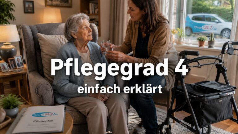 Angehörige unterstützt Seniorin zuhause bei Pflegegrad 4 mit Rollator.