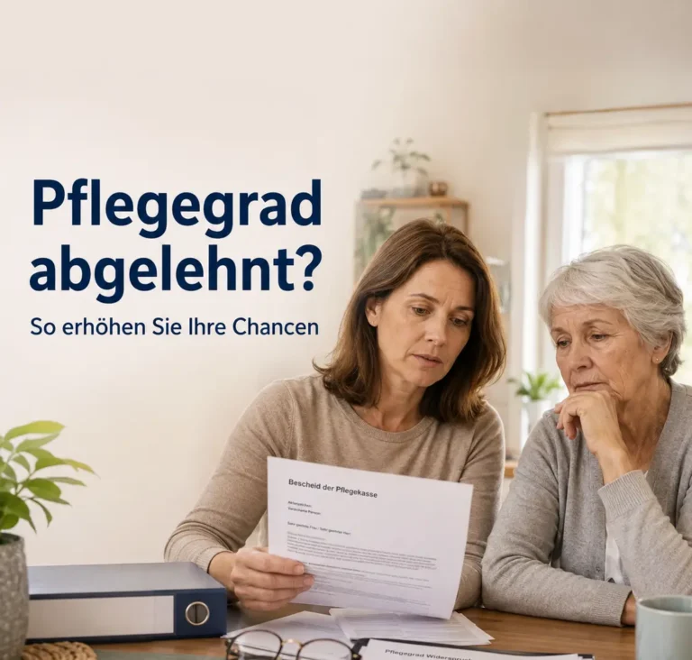 Angehörige und Seniorin lesen gemeinsam einen Pflegekassen-Bescheid zuhause.