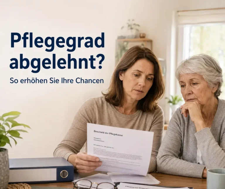 Angehörige und Seniorin lesen gemeinsam einen Pflegekassen-Bescheid zuhause.