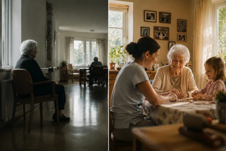 Geteiltes Bild mit einsamer Seniorin im Rollstuhl im Pflegeheim und glücklicher Seniorin zuhause mit Betreuungskraft und Familie am Tisch.