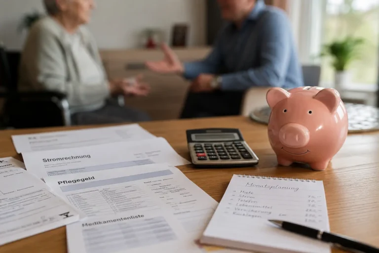 Pflegeunterlagen, Taschenrechner und Sparschwein auf einem Tisch während Angehörige im Hintergrund sprechen.