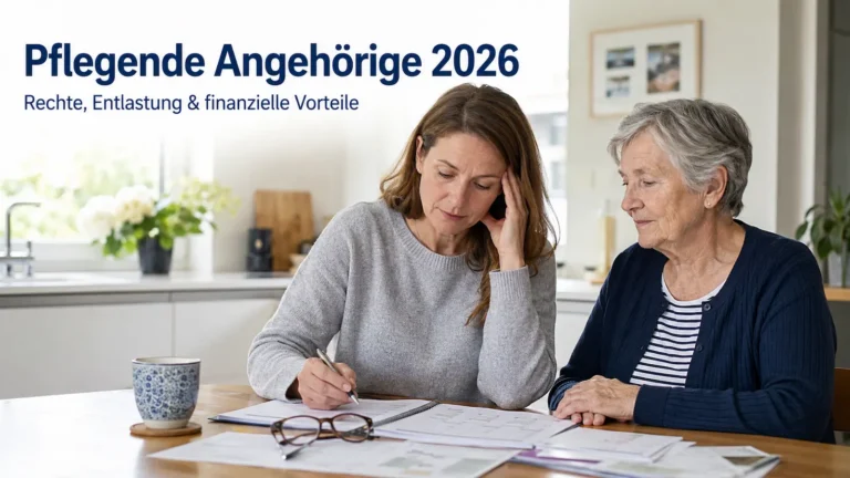 Angehörige sitzt mit älterer Mutter am Küchentisch und füllt Pflegeunterlagen aus; eingeblendeter Text: Pflegende Angehörige 2026.