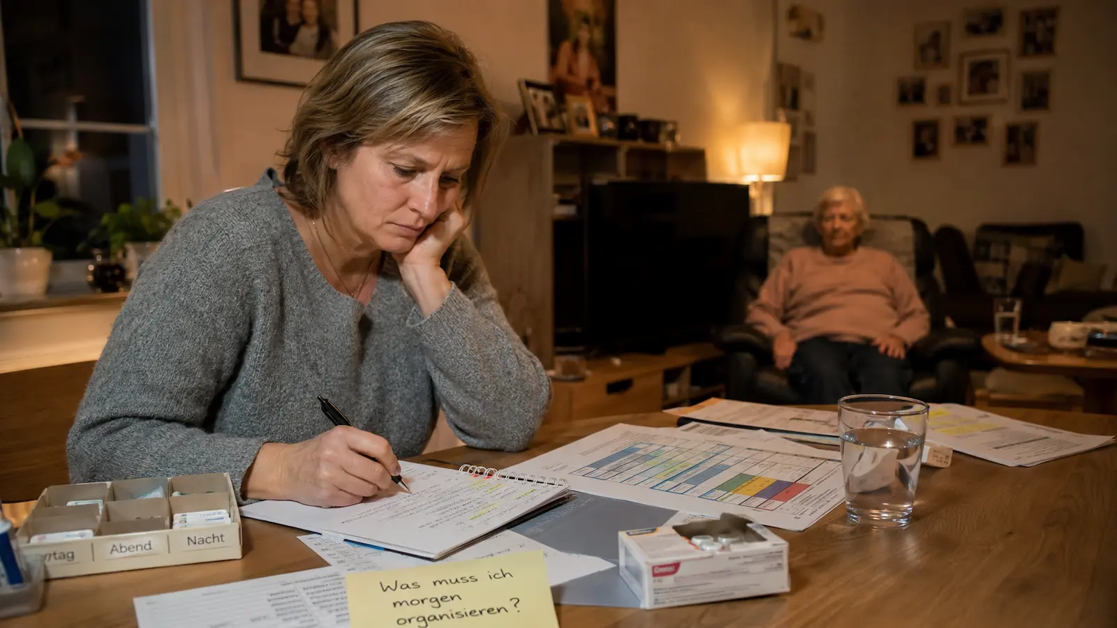 Pflegende Angehörige am Abend mit Pflegeplanung