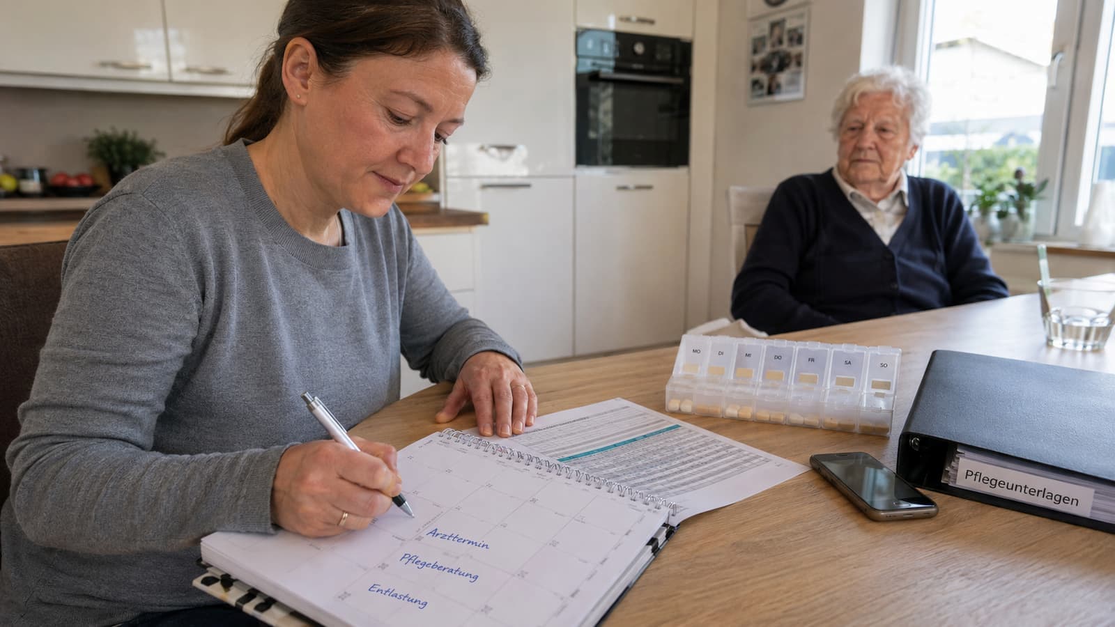 Pflegeplanung zuhause mit Kalender und Unterlagen