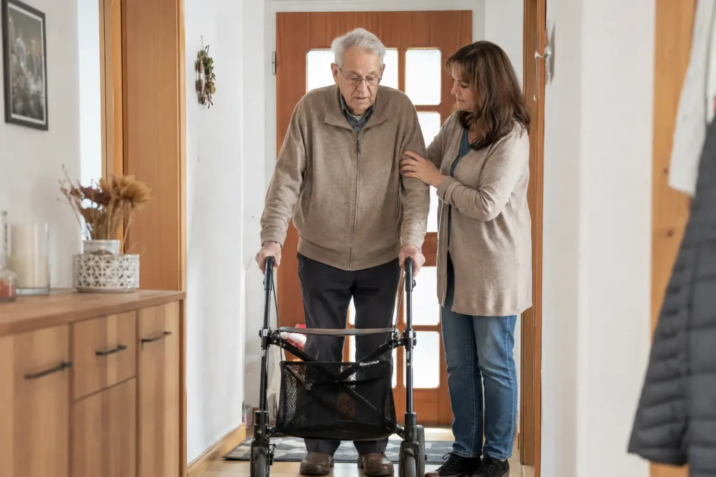 Pflegeberaterin hilft Senior, mit rolator zuhause.