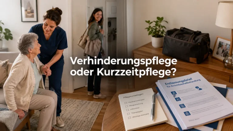 Betreuungskraft unterstützt Seniorin zuhause während Angehörige kurz entlastet wird.