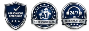 Edle Vertrauenssiegel von Pflege24-7 mit geprüfter Betreuungskraft, A1-Bescheinigung und 24/7 Erreichbarkeit