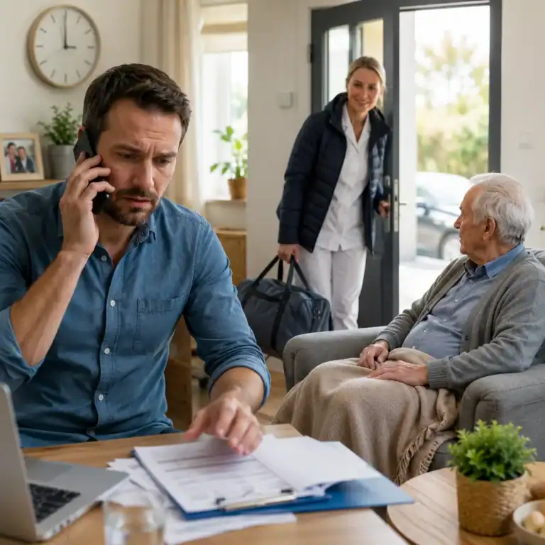 Betreuungskraft kommt zur häuslichen 24-Stunden-Pflege bei einem Senior zuhause an, während ein Angehöriger Unterlagen prüft und telefoniert.