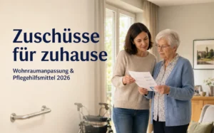 Angehörige und Seniorin prüfen Unterlagen zu Zuschüssen für Wohnraumanpassung und Pflegehilfsmittel.