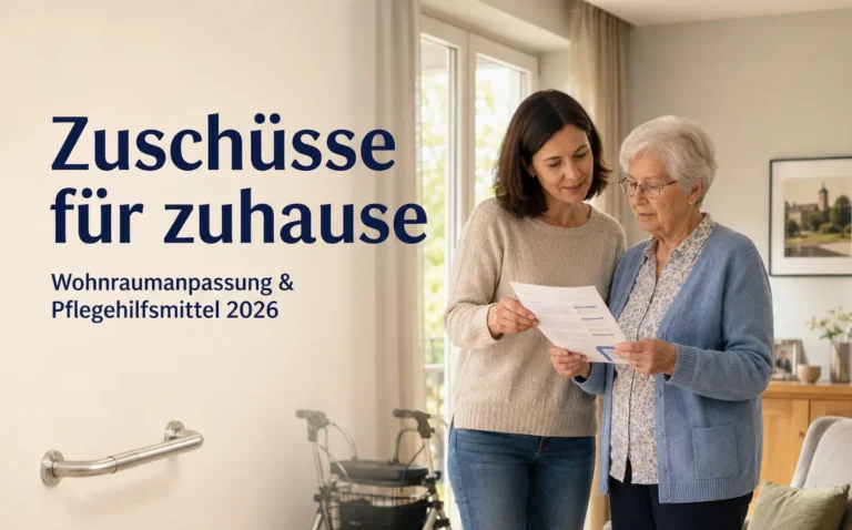 Angehörige und Seniorin prüfen Unterlagen zu Zuschüssen für Wohnraumanpassung und Pflegehilfsmittel.