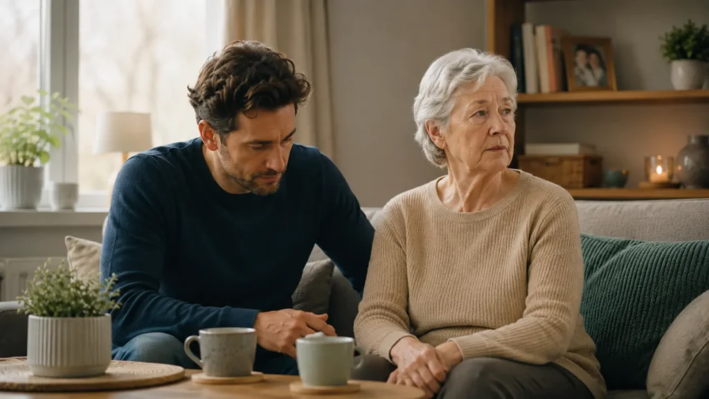 Erwachsener Sohn sitzt ruhig neben seiner älteren Mutter im Wohnzimmer und begleitet sie in einem nachdenklichen Moment.