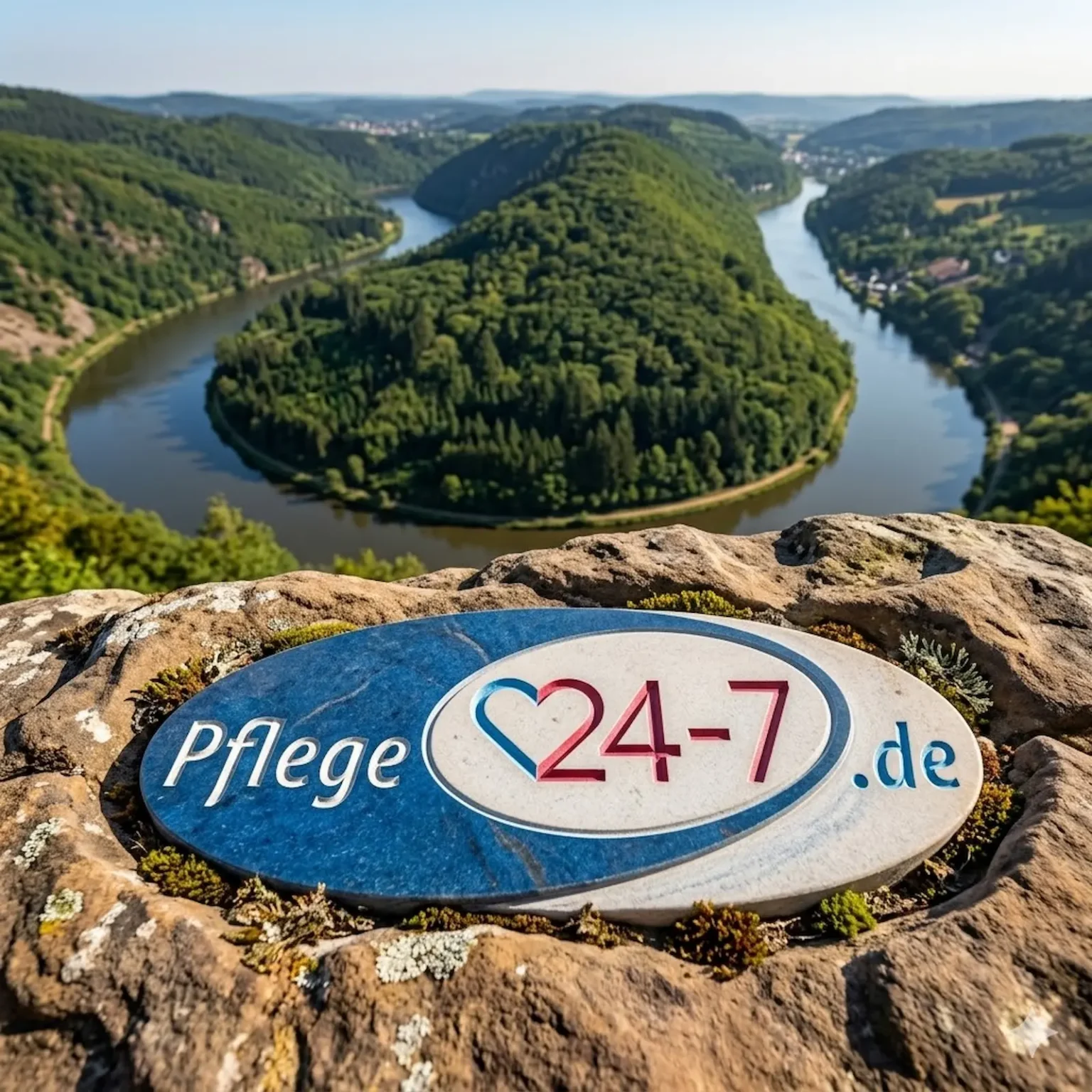 Pflege24-7 Logo auf einem Felsen mit Blick auf die Saarschleife im Saarland.