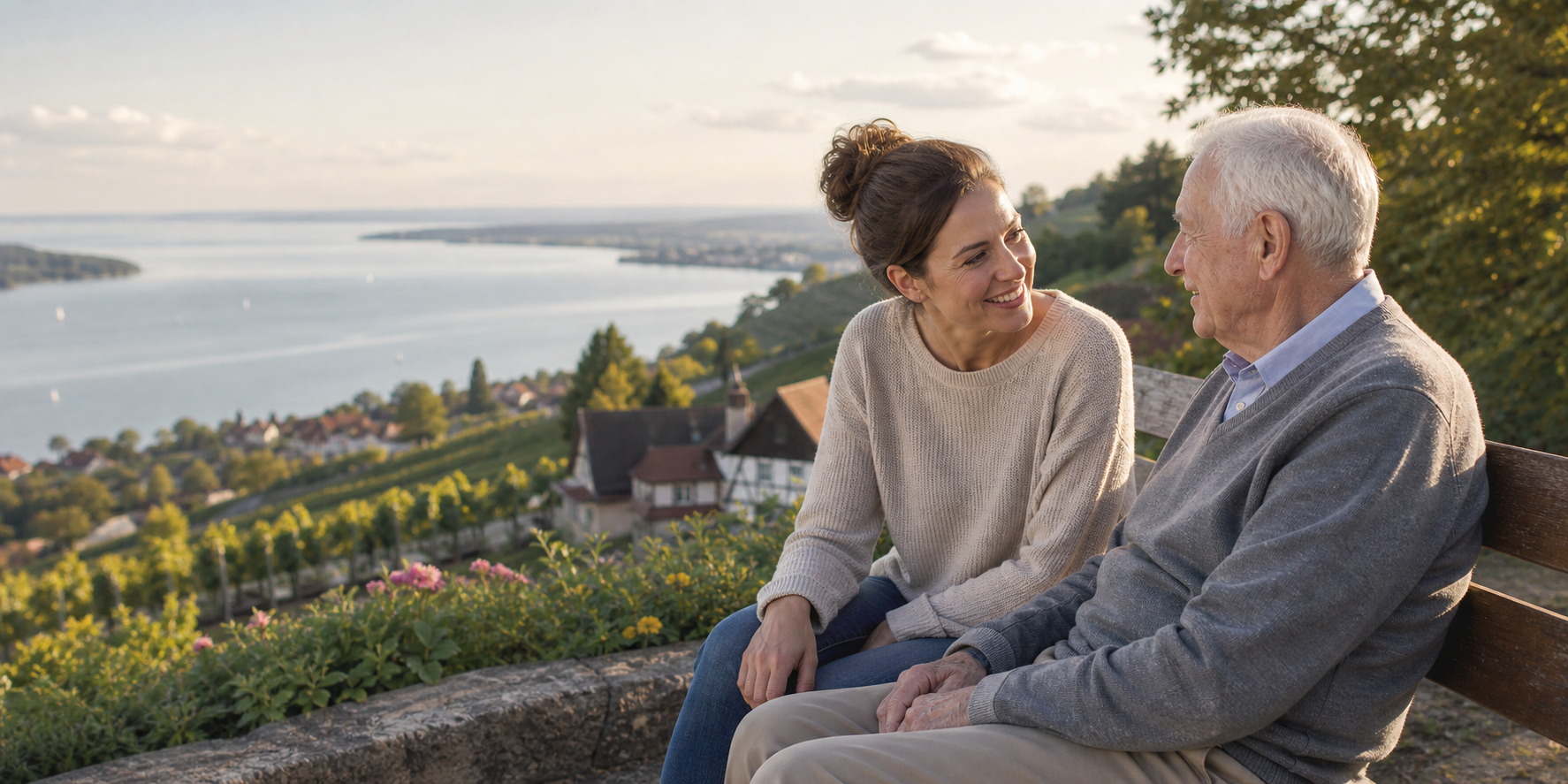 Senior und Betreuungskraft im Gespräch am Bodensee