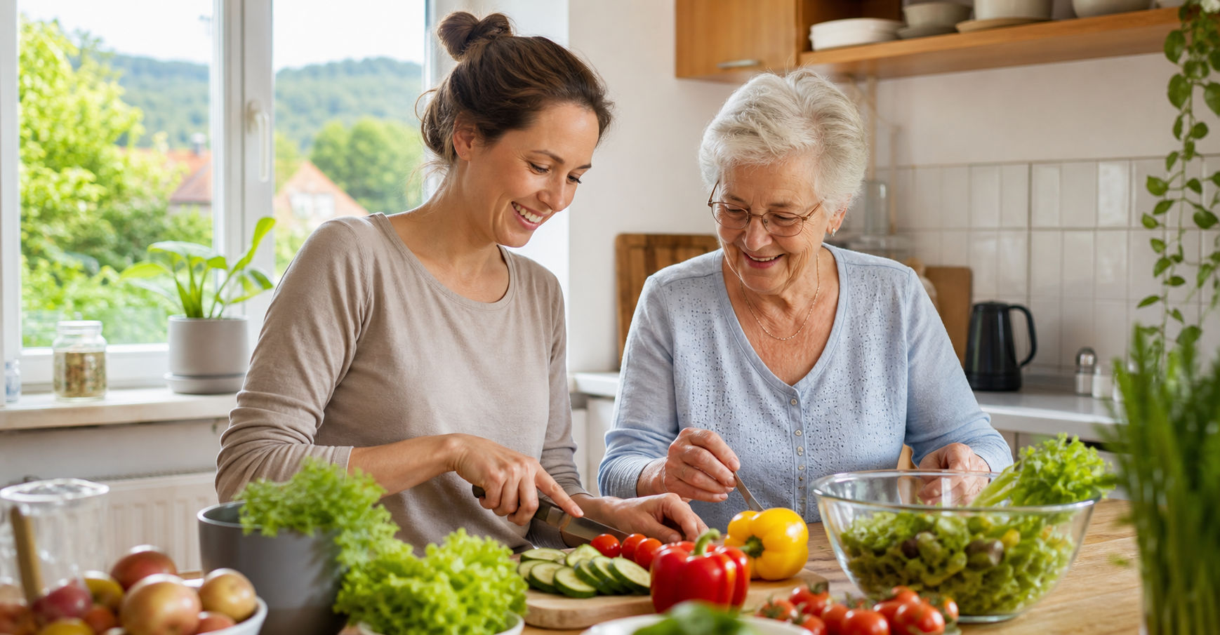 Seniorin und Betreuungskraft kochen gemeinsam zuhause
