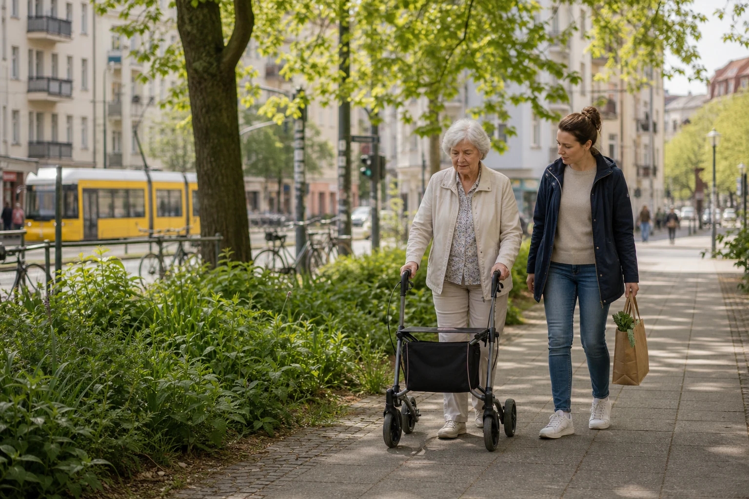 Betreuungskraft begleitet Seniorin mit Rollator in Berlin