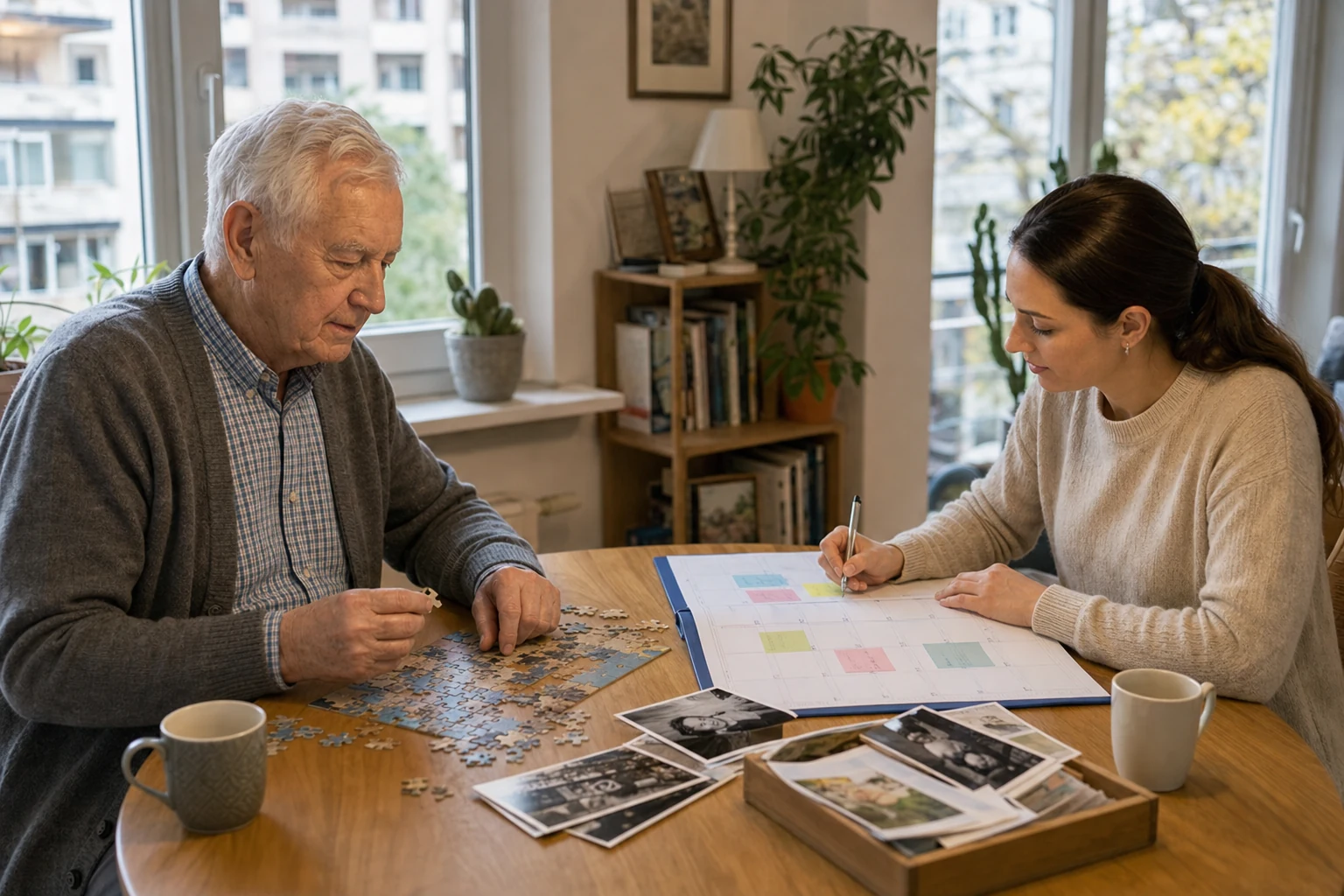 Senior und Betreuungskraft gestalten den Tagesablauf in Berlin