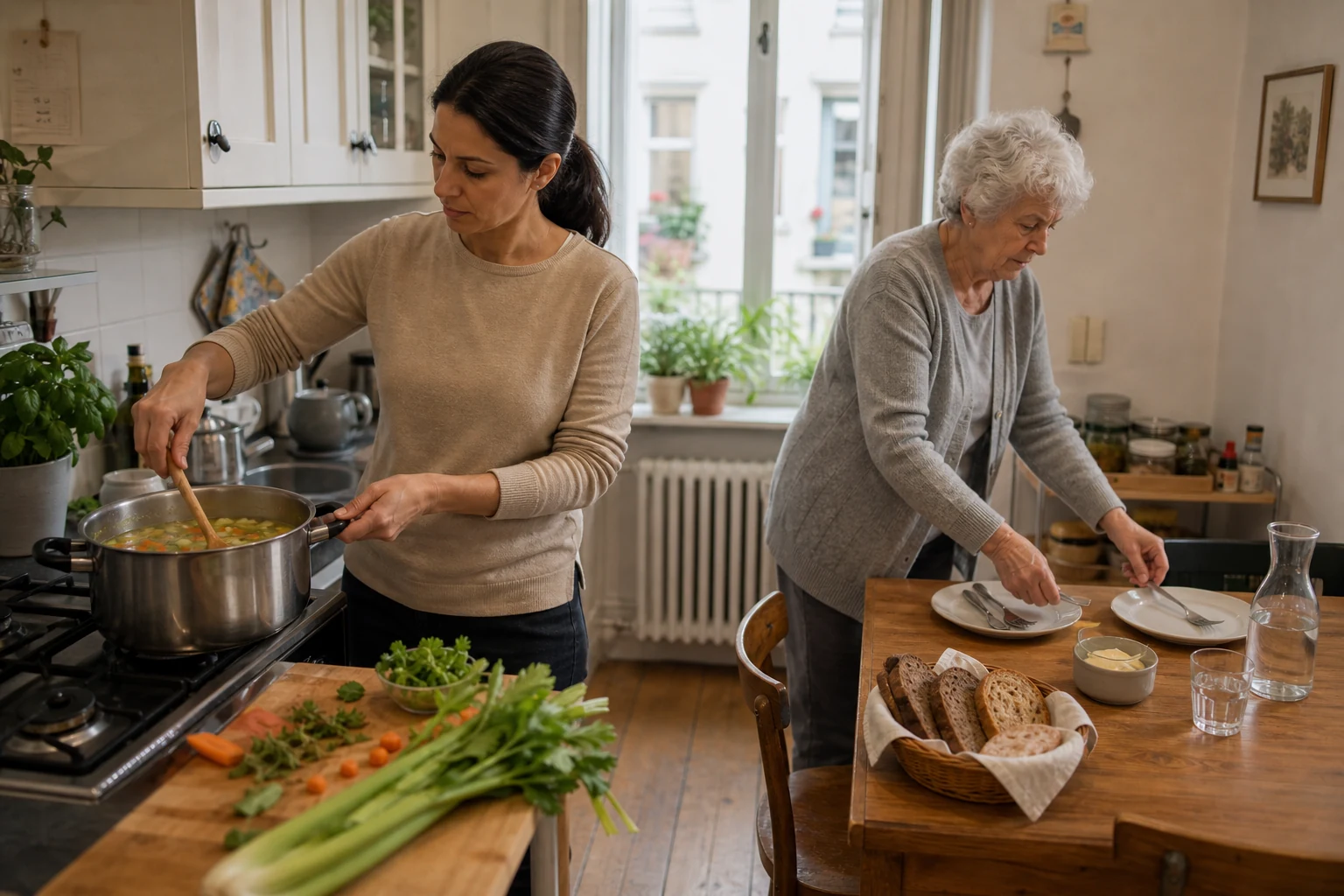 Betreuungskraft kocht mit Seniorin zuhause in Berlin