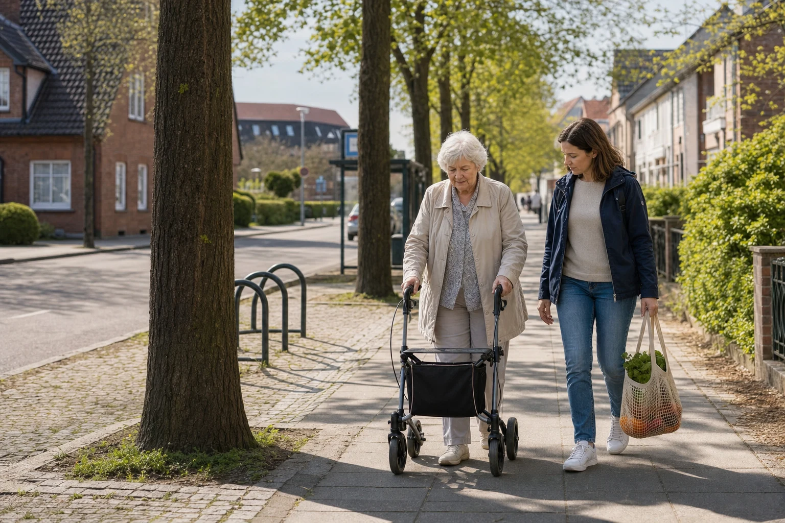 Begleitung und sichere Wege in Brandenburg Betreuungskraft begleitet Senior mit Rollator in Brandenburg