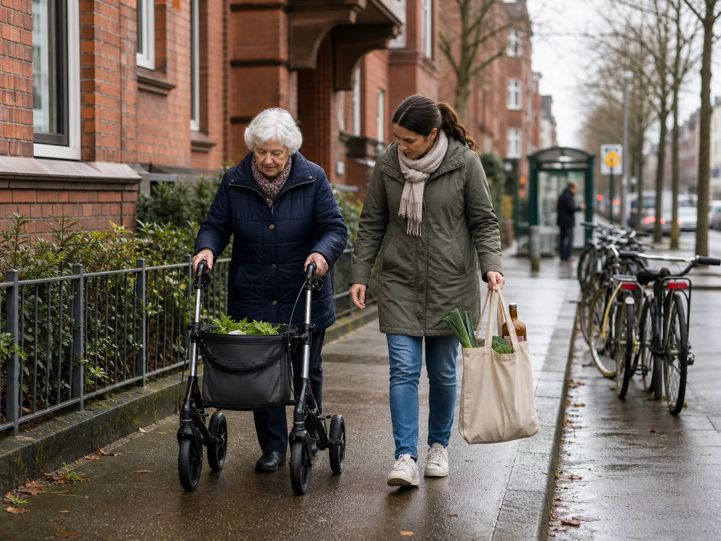 Begleitung und sichere Wege in Hamburg Betreuungskraft begleitet Seniorin mit Rollator in Hamburg