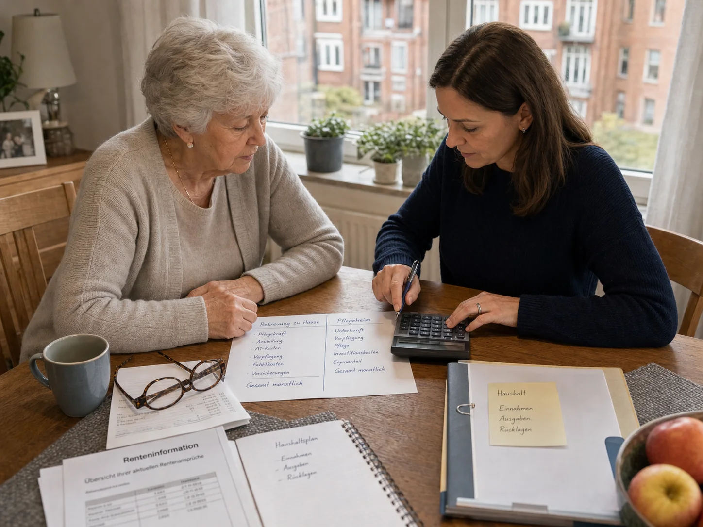 Kostenvergleich Pflegeheim und Betreuung zuhause in Hamburg Mutter und Tochter vergleichen Pflegekosten in Hamburg