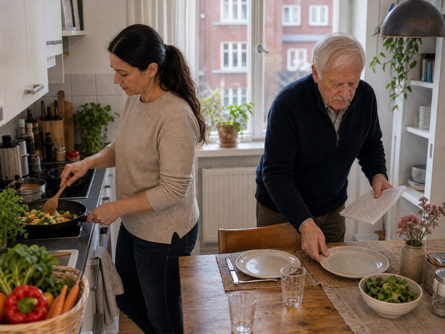 Regelmäßige Mahlzeiten zuhause in Hamburg Betreuungskraft kocht mit Senior in Hamburg