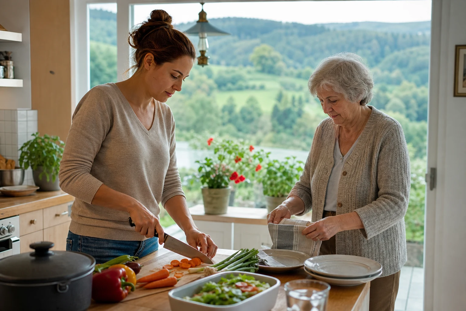 Alltagshilfe und Betreuung in Hessen Betreuungskraft unterstützt Seniorin zuhause in Hessen