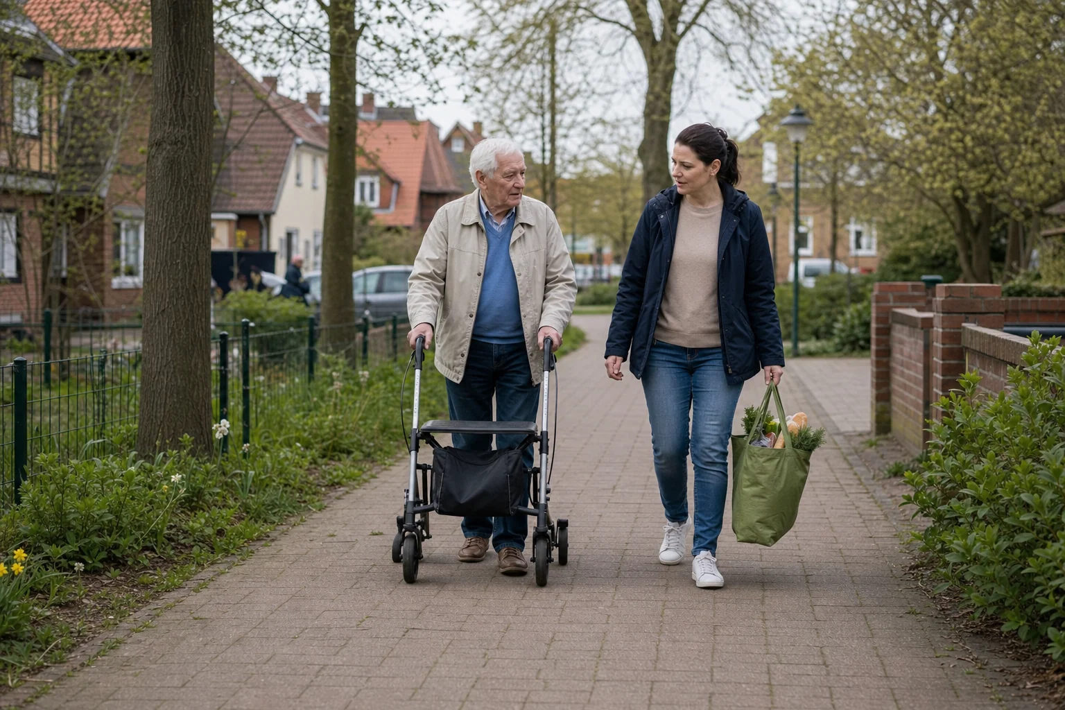 Begleitung und sichere Wege in Niedersachsen Betreuungskraft begleitet Senior mit Rollator in Niedersachsen