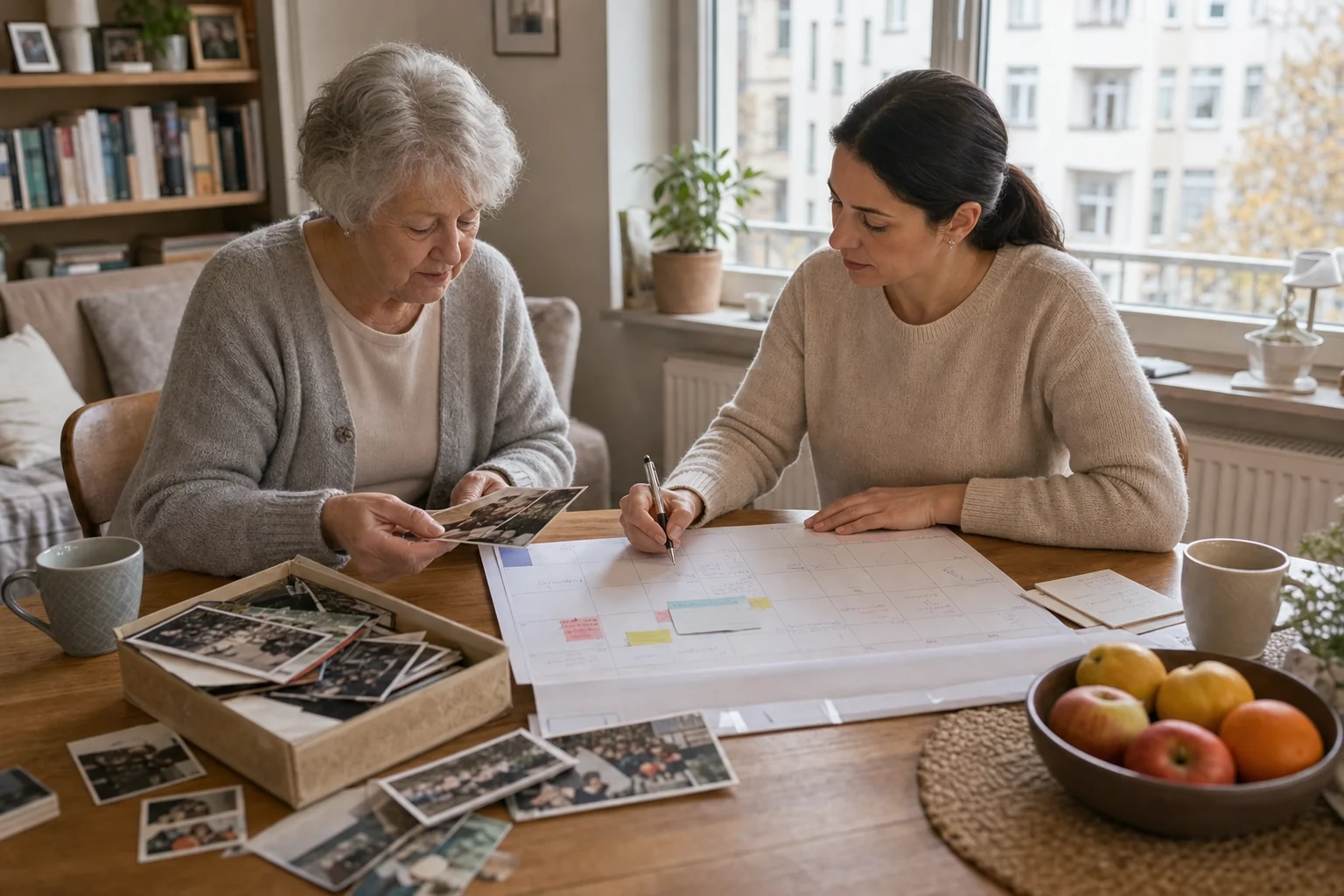 Gesellschaft und Tagesstruktur in Niedersachsen Seniorin und Betreuungskraft planen den Alltag in Niedersachsen