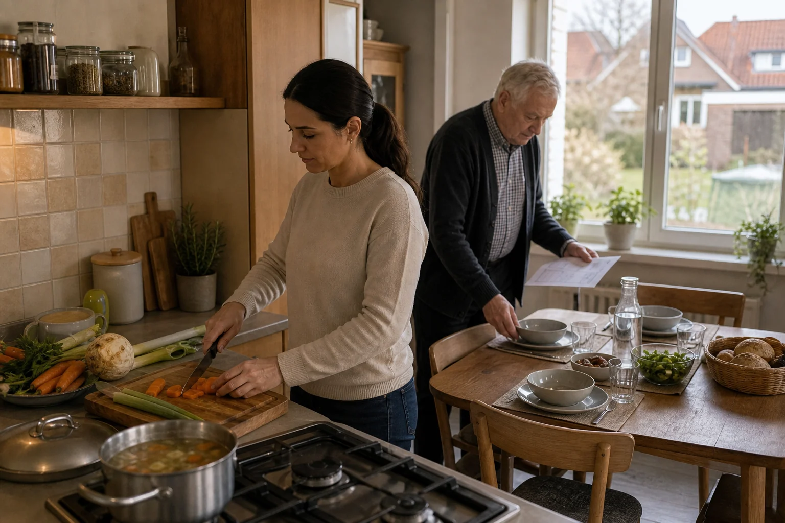 Regelmäßige Mahlzeiten zuhause in Niedersachsen Betreuungskraft kocht mit Senior zuhause in Niedersachsen