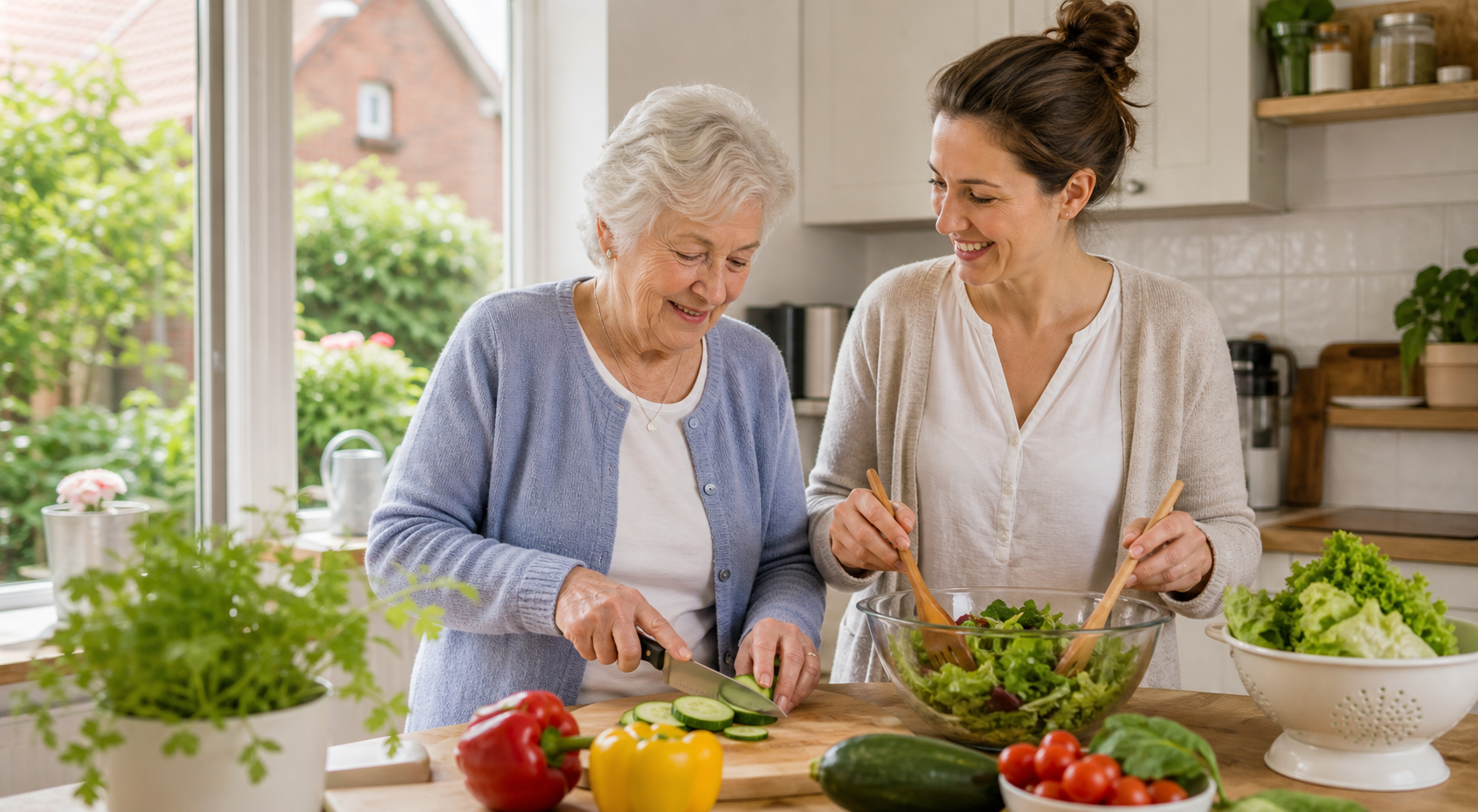 Seniorin und Betreuungskraft kochen gemeinsam zuhause in Nordrhein-Westfalen