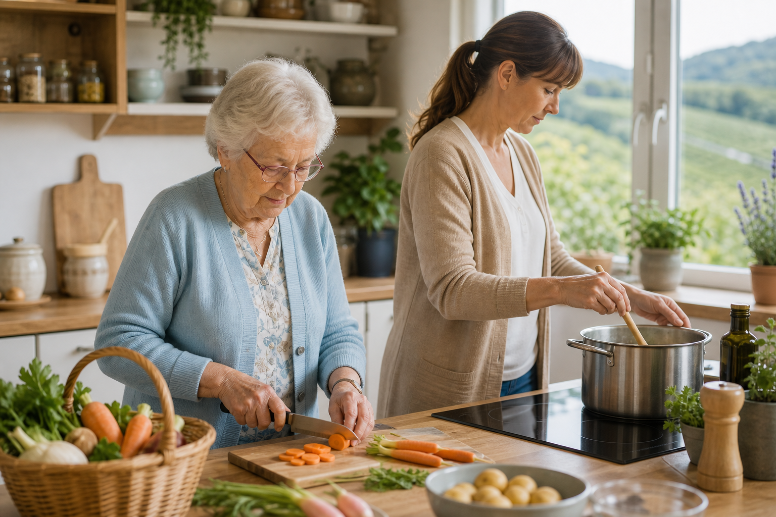 Seniorin schneidet Gemüse, während die Betreuungskraft Suppe kocht