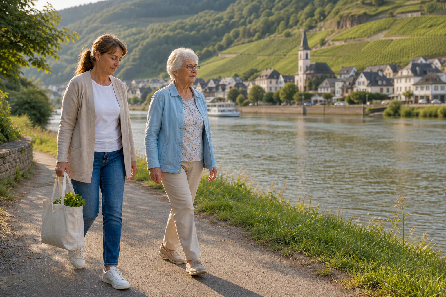 Seniorin und Betreuungskraft gehen an der Mosel spazieren