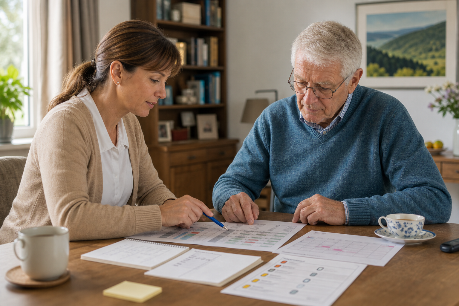 Senior und Betreuungskraft ordnen gemeinsam Termine und Wochenplan
