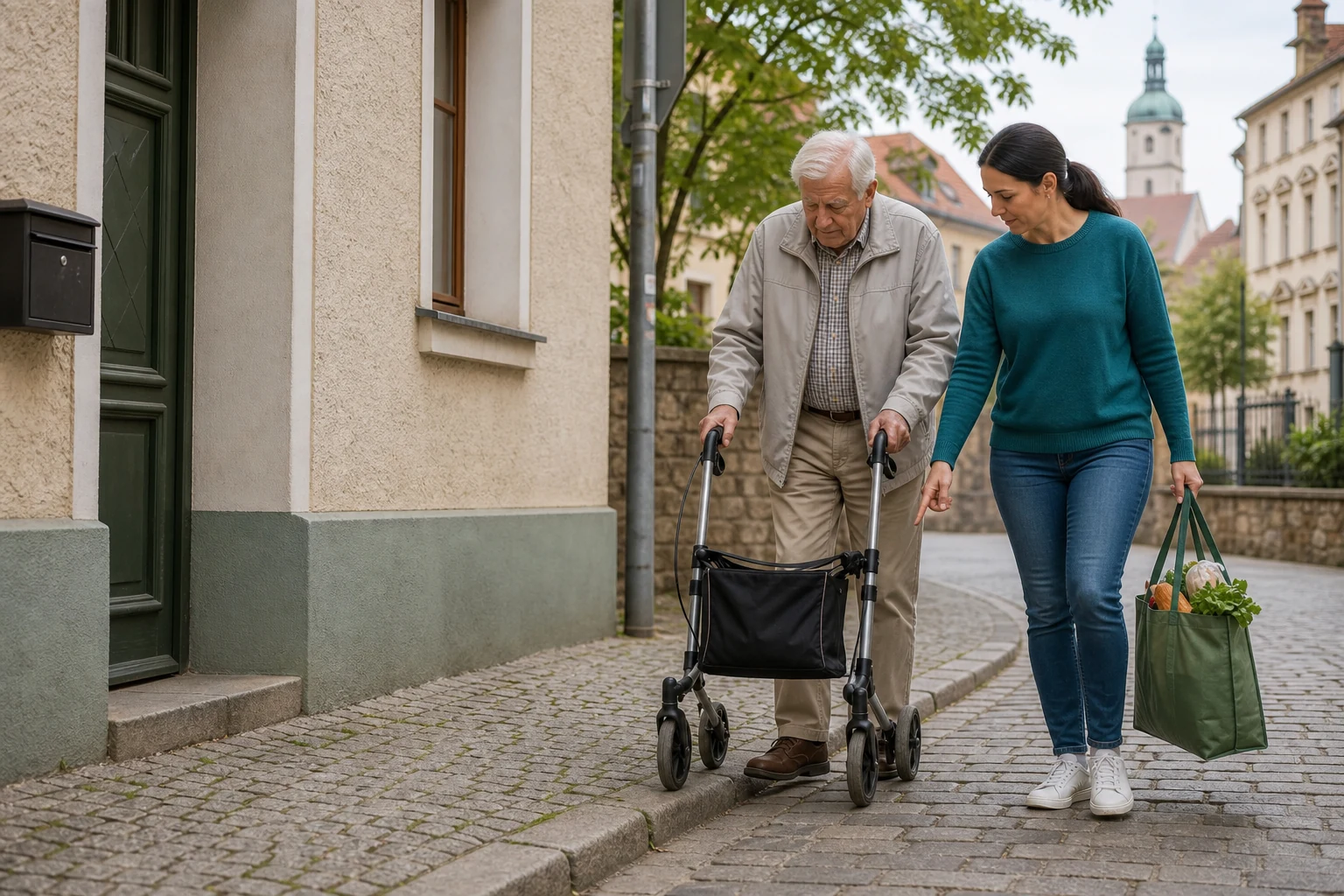 Begleitung und sichere Wege in Sachsen Betreuungskraft begleitet Senior mit Rollator in Sachsen