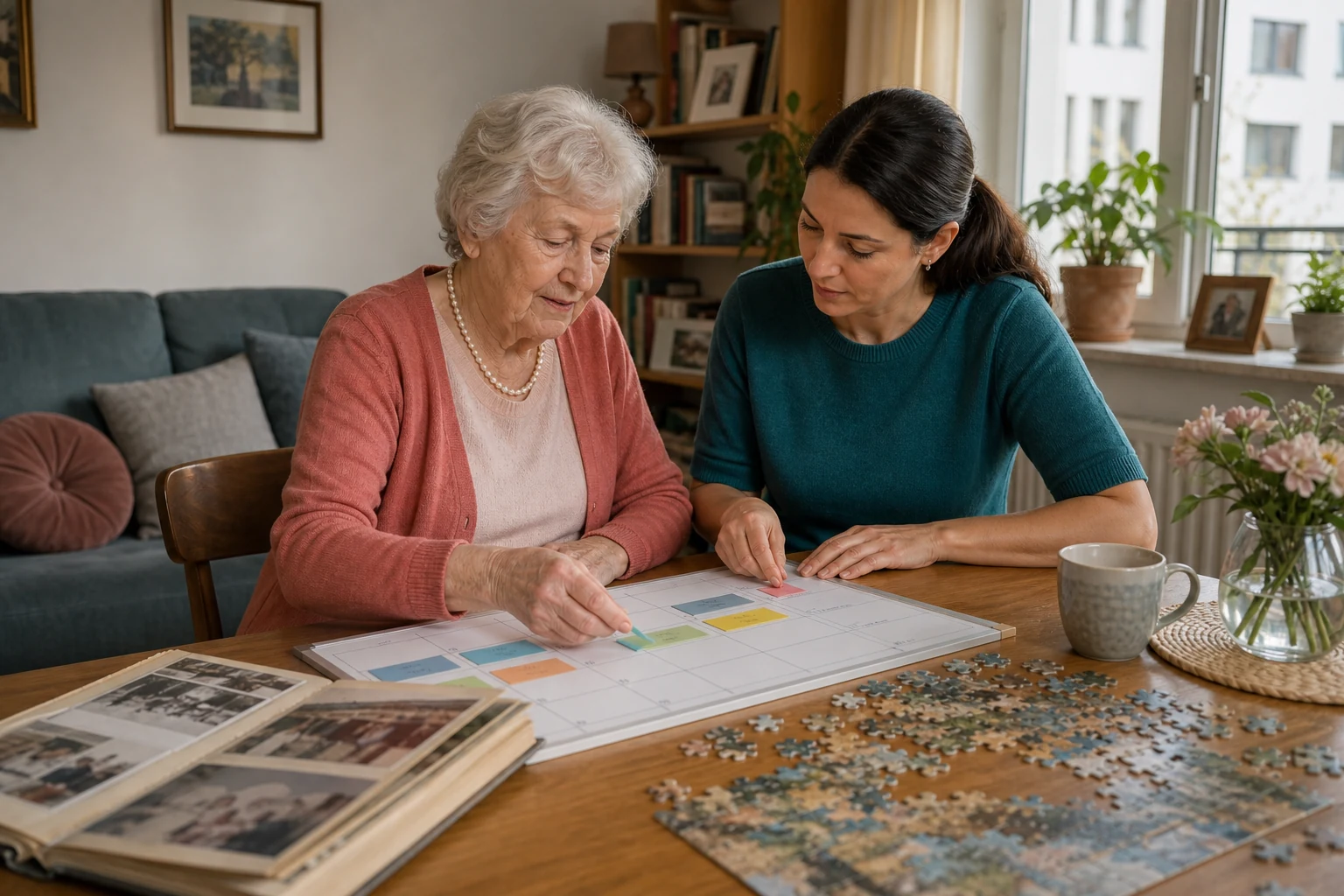 Gesellschaft und Tagesstruktur in Sachsen Seniorin und Betreuungskraft planen den Alltag in Sachsen
