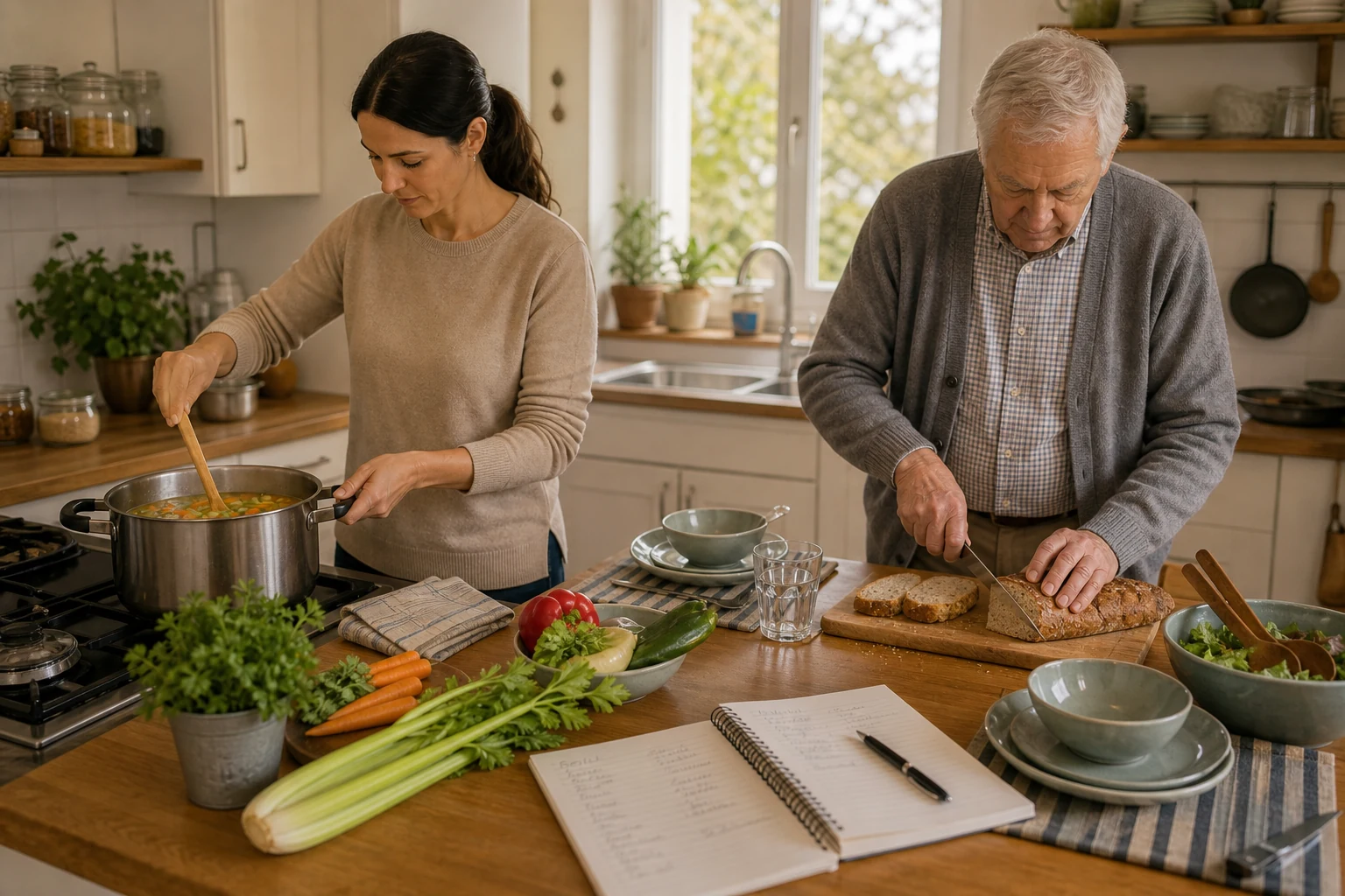 Regelmäßige Mahlzeiten zuhause in Sachsen Betreuungskraft kocht mit Senior zuhause in Sachsen