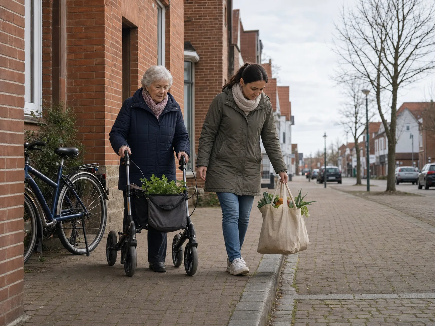 Betreuungskraft begleitet Seniorin mit Rollator in Schleswig-Holstein