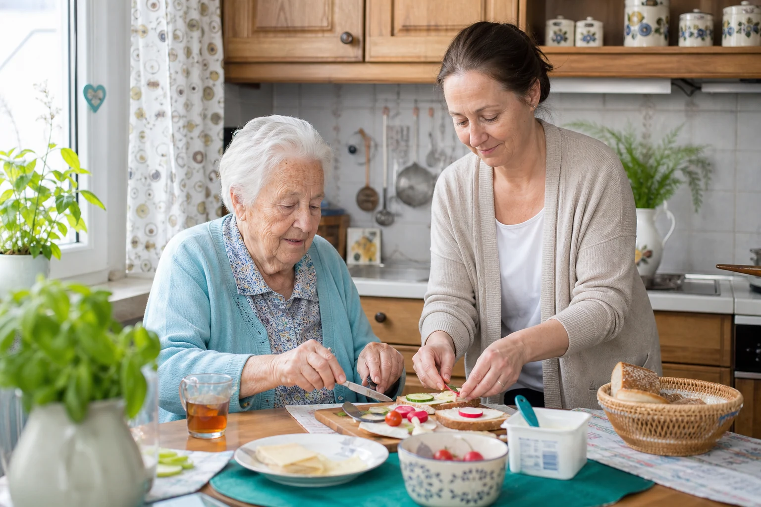 Betreuungskraft bereitet gemeinsam mit einer Seniorin eine Mahlzeit in der h&auml;uslichen K&uuml;che zu