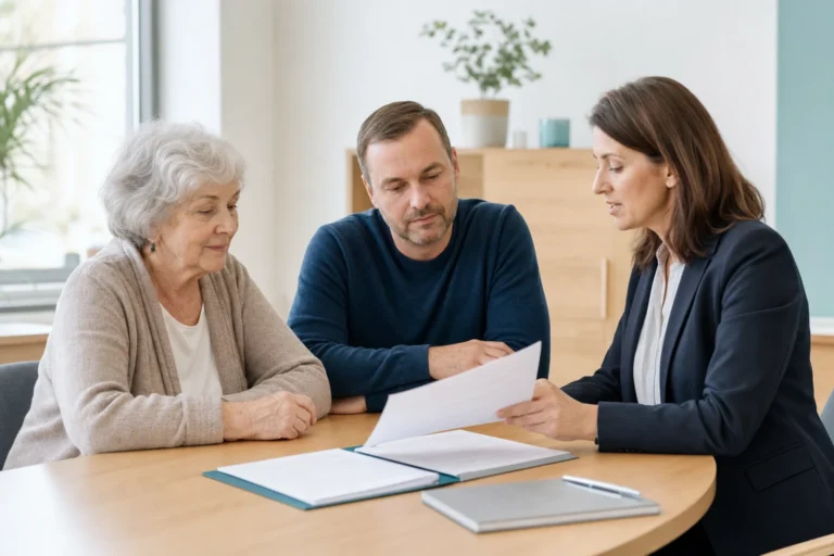Seniorin und Sohn besprechen mit einer Pflegeberaterin Unterlagen zur Hilfe zur Pflege