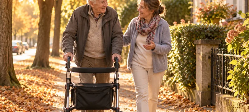 Senior mit Rollator und seine Begleiterin beim Spaziergang im Herbstlaub