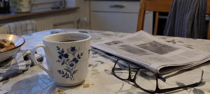 Kaffeetasse und Zeitung auf einem Frühstückstisch