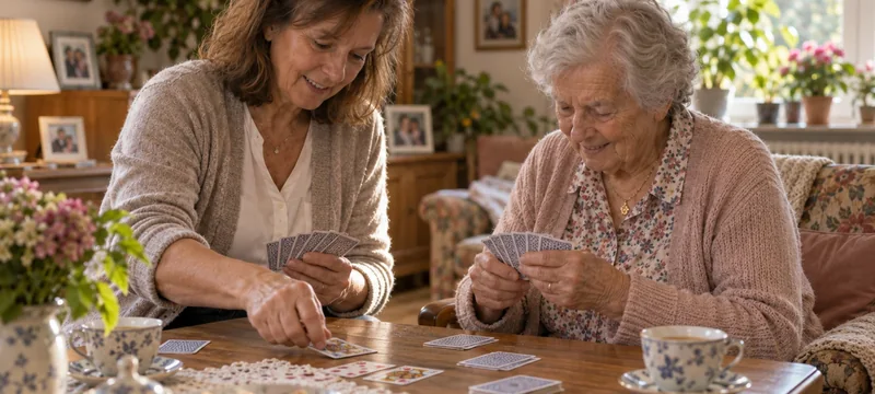 Seniorin und Betreuungskraft spielen am Wohnzimmertisch Karten