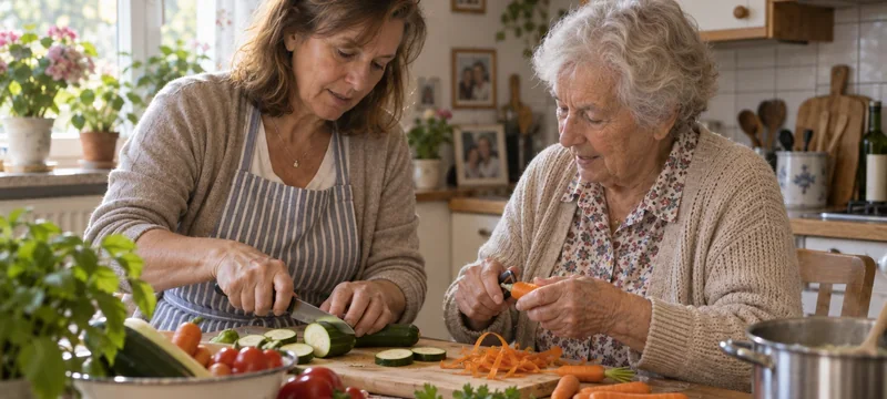 Seniorin und Betreuungskraft schneiden gemeinsam Gemüse in der Küche