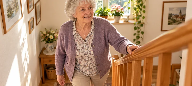 Seniorin geht lächelnd eine Treppe hinauf und hält sich am Geländer
