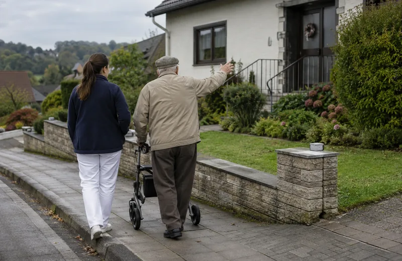 Älterer Herr mit Rollator kommt mit einer Begleiterin zu seinem Haus zurück