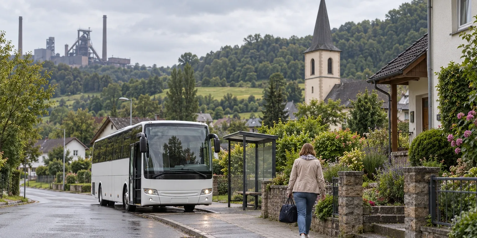 Reisebus hält in einem Dorf im Landkreis Neunkirchen, eine Betreuungskraft geht zum Haus